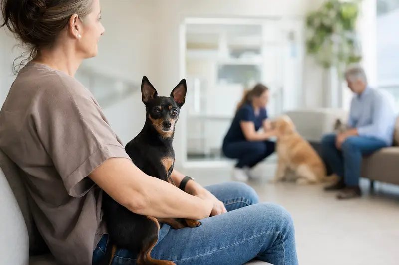 Ein Prager Rattler sitzt ruhig neben seinem Besitzer im hellen Wartezimmer einer modernen Tierarztpraxis.